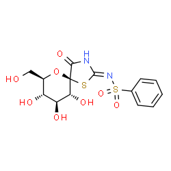 ChemSpider 2D Image | N-[(2Z,5R,7R,8S,9S,10R)-8,9,10-Trihydroxy-7-(hydroxymethyl)-4-oxo-6-oxa-1-thia-3-azaspiro[4.5]dec-2-ylidene]benzenesulfonamide | C14H16N2O8S2