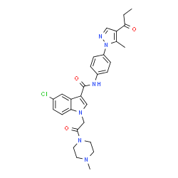 ChemSpider 2D Image | 5-Chloro-1-[2-(4-methyl-1-piperazinyl)-2-oxoethyl]-N-[4-(5-methyl-4-propionyl-1H-pyrazol-1-yl)phenyl]-1H-indole-3-carboxamide | C29H31ClN6O3