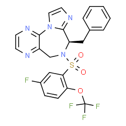 ChemSpider 2D Image | (7R)-7-Benzyl-6-{[5-fluoro-2-(trifluoromethoxy)phenyl]sulfonyl}-6,7-dihydro-5H-imidazo[1,2-a]pyrazino[2,3-f][1,4]diazepine | C23H17F4N5O3S