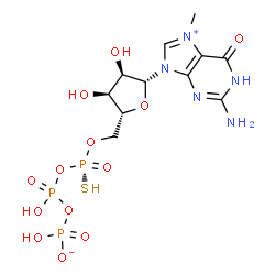 ChemSpider 2D Image | 5'-O-[(S)-({Hydroxy[(hydroxyphosphinato)oxy]phosphoryl}oxy)(sulfanyl)phosphoryl]-7-methylguanosine | C11H18N5O13P3S