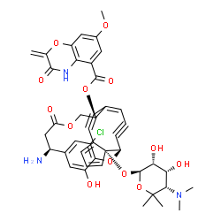 ChemSpider 2D Image | (1R,7S,12R,20R)-7-Amino-4-chloro-20-{[(2S,3R,4R,5S)-5-(dimethylamino)-3,4-dihydroxy-6,6-dimethyltetrahydro-2H-pyran-2-yl]oxy}-25-hydroxy-9-oxo-2,10-dioxatetracyclo[11.7.3.2~3,6~.0~16,20~]pentacosa-3,5
,13(23),16,18,24-hexaene-14,21-diyn-12-yl 7-methoxy-2-methylene-3-oxo-3,4-dihydro-2H-1,4-benzoxazine-5-carboxylate (non-preferred name) | C43H42ClN3O13