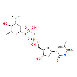 ChemSpider 2D Image | (4R,5S,6R)-4-(Dimethylamino)-5-hydroxy-6-methyltetrahydro-2H-pyran-2-yl [(2R,3S,5R)-3-hydroxy-5-(5-methyl-2,4-dioxo-3,4-dihydro-1(2H)-pyrimidinyl)tetrahydro-2-furanyl]methyl dihydrogen diphosphate (no
n-preferred name) | C18H31N3O13P2