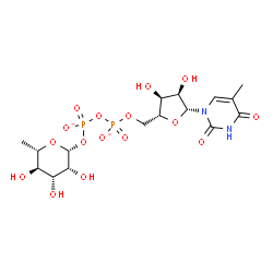 ChemSpider 2D Image | [[(2R,3S,4R,5R)-3,4-dihydroxy-5-(5-methyl-2,4-dioxo-pyrimidin-1-yl)tetrahydrofuran-2-yl]methoxy-oxido-phosphoryl] [(2R,3R,4R,5R,6S)-3,4,5-trihydroxy-6-methyl-tetrahydropyran-2-yl] phosphate | C16H24N2O16P2