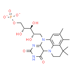 ChemSpider 2D Image | 1-Deoxy-5-O-phosphonato-1-(3,3,4,5-tetramethyl-9,11-dioxo-2,3,9,10,11,11a-hexahydro-1H,7H-quinolino[1,8-fg]pteridin-7-yl)-D-ribitol | C22H29N4O9P