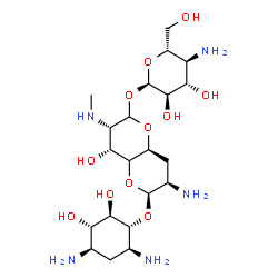 ChemSpider 2D Image | (3S,4R,6S,7R,8aS)-7-Amino-6-{[(1R,2R,3S,4R,6S)-4,6-diamino-2,3-dihydroxycyclohexyl]oxy}-4-hydroxy-3-(methylamino)octahydropyrano[3,2-b]pyran-2-yl 4-amino-4-deoxy-alpha-D-glucopyranoside | C21H41N5O11