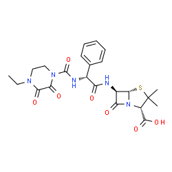 ChemSpider 2D Image | (2S,5S,6R)-6-{[(2R)-2-{[(4-Ethyl-2,3-dioxo-1-piperazinyl)carbonyl]amino}-2-phenylacetyl]amino}-3,3-dimethyl-7-oxo-4-thia-1-azabicyclo[3.2.0]heptane-2-carboxylic acid | C23H27N5O7S