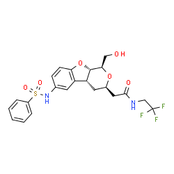 ChemSpider 2D Image | 2-[(1R,3R,4aR,9aS)-6-(benzenesulfonamido)-1-(hydroxymethyl)-3,4,4a,9a-tetrahydro-1H-pyrano[3,4-b]benzofuran-3-yl]-N-(2,2,2-trifluoroethyl)acetamide | C22H23F3N2O6S