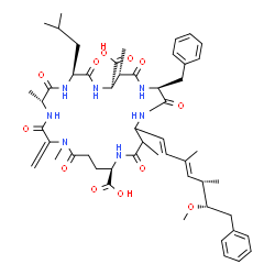 ChemSpider 2D Image | (5R,8S,11R,12S,15S,22R)-15-Benzyl-8-isobutyl-18-[(1E,3E,5S,6S)-6-methoxy-3,5-dimethyl-7-phenyl-1,3-heptadien-1-yl]-1,5,12,19-tetramethyl-2-methylene-3,6,9,13,16,20,25-heptaoxo-1,4,7,10,14,17,21-heptaa
zacyclopentacosane-11,22-dicarboxylic acid | C52H71N7O12