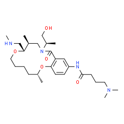 ChemSpider 2D Image | 4-(dimethylamino)-N-[(3R,9S,10S)-12-[(2R)-1-hydroxypropan-2-yl]-3,10-dimethyl-9-(methylaminomethyl)-13-oxo-2,8-dioxa-12-azabicyclo[12.4.0]octadeca-1(14),15,17-trien-16-yl]butanamide | C28H48N4O5