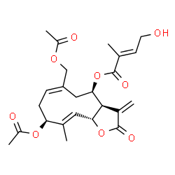 ChemSpider 2D Image | (3aR,4R,6E,9S,10E,11aR)-9-Acetoxy-6-(acetoxymethyl)-10-methyl-3-methylene-2-oxo-2,3,3a,4,5,8,9,11a-octahydrocyclodeca[b]furan-4-yl (2E)-4-hydroxy-2-methyl-2-butenoate | C24H30O9