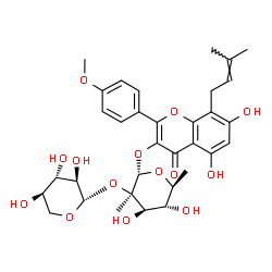 ChemSpider 2D Image | 5,7-Dihydroxy-2-(4-methoxyphenyl)-8-(3-methyl-2-buten-1-yl)-4-oxo-4H-chromen-3-yl 6-deoxy-2-C-methyl-2-O-beta-D-xylopyranosyl-alpha-L-mannopyranoside | C33H40O14