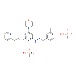 ChemSpider 2D Image | 4-{6-[(2E)-2-(3-Methylbenzylidene)hydrazino]-2-[2-(2-pyridinyl)ethoxy]-4-pyrimidinyl}morpholine methanesulfonate (1:2) | C25H34N6O8S2