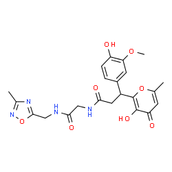 ChemSpider 2D Image | 3-(4-Hydroxy-3-methoxyphenyl)-3-(3-hydroxy-6-methyl-4-oxo-4H-pyran-2-yl)-N-(2-{[(3-methyl-1,2,4-oxadiazol-5-yl)methyl]amino}-2-oxoethyl)propanamide | C22H24N4O8