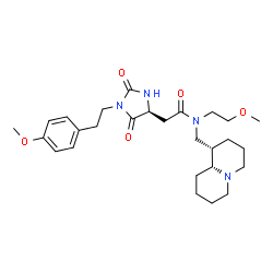ChemSpider 2D Image | N-(2-Methoxyethyl)-2-{(4S)-1-[2-(4-methoxyphenyl)ethyl]-2,5-dioxo-4-imidazolidinyl}-N-[(1S,9aR)-octahydro-2H-quinolizin-1-ylmethyl]acetamide | C27H40N4O5