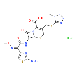 ChemSpider 2D Image | 7-{[(2Z)-2-(2-Amino-1,3-thiazol-4-yl)-2-(methoxyimino)acetyl]amino}-3-{[(1-methyl-1H-tetrazol-5-yl)sulfanyl]methyl}-8-oxo-5-thia-1-azabicyclo[4.2.0]oct-2-ene-2-carboxylic acid hydrochloride (1:1) | C16H18ClN9O5S3