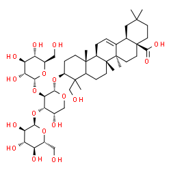 ChemSpider 2D Image | (3beta,5xi,18alpha)-3-{[alpha-D-Glucopyranosyl-(1->2)-[alpha-D-glucopyranosyl-(1->3)]-alpha-L-arabinopyranosyl]oxy}-23-hydroxyolean-12-en-28-oic acid | C47H76O18