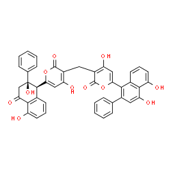 ChemSpider 2D Image | 6-[(1S,2R)-2,5-Dihydroxy-4-oxo-2-phenyl-1,2,3,4-tetrahydro-1-naphthalenyl]-3-{[6-(4,5-dihydroxy-2-phenyl-1-naphthyl)-4-hydroxy-2-oxo-2H-pyran-3-yl]methyl}-4-hydroxy-2H-pyran-2-one | C43H30O11