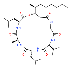 ChemSpider 2D Image | (3S,6S,9R,12S,19S)-3,9-Diisobutyl-12-isopropyl-6-methyl-19-[(2S)-2-octanyl]-1-oxa-4,7,10,13,16-pentaazacyclononadecane-2,5,8,11,14,17-hexone | C33H59N5O7