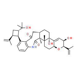 ChemSpider 2D Image | (2R,3R,4bS,6aS,14aS,14bR,16aS)-3,4b-Dihydroxy-9-[(1S,2S,4S)-2-(2-hydroxy-2-propanyl)-4-isopropenylcyclobutyl]-2-isopropenyl-14a,14b-dimethyl-3,5,6,6a,7,14a,14b,15,16,16a-decahydro-2H-pyrano[3',2':5,6]
naphtho[1,2-c][1]benzazocine-8,14(4bH,13H)-dione | C37H49NO6