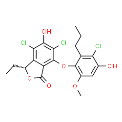 ChemSpider 2D Image | (3R)-4,6-Dichloro-7-(3-chloro-4-hydroxy-6-methoxy-2-propylphenoxy)-3-ethyl-5-hydroxy-2-benzofuran-1(3H)-one | C20H19Cl3O6