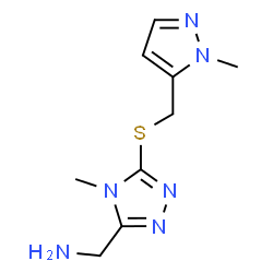 ChemSpider 2D Image | 1-(4-Methyl-5-{[(1-methyl-1H-pyrazol-5-yl)methyl]sulfanyl}-4H-1,2,4-triazol-3-yl)methanamine | C9H14N6S