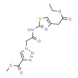 ChemSpider 2D Image | Methyl 1-(2-{[4-(2-ethoxy-2-oxoethyl)-1,3-thiazol-2-yl]amino}-2-oxoethyl)-1H-1,2,3-triazole-4-carboxylate | C13H15N5O5S