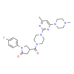 ChemSpider 2D Image | 1-(4-Fluorophenyl)-4-({4-[4-methyl-6-(4-methyl-1-piperazinyl)-2-pyrimidinyl]-1-piperazinyl}carbonyl)-2-pyrrolidinone | C25H32FN7O2