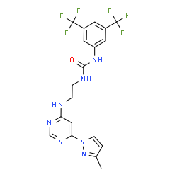 ChemSpider 2D Image | 1-[3,5-Bis(trifluoromethyl)phenyl]-3-(2-{[6-(3-methyl-1H-pyrazol-1-yl)-4-pyrimidinyl]amino}ethyl)urea | C19H17F6N7O