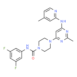 ChemSpider 2D Image | N-(3,5-Difluorophenyl)-4-{2-methyl-6-[(4-methyl-2-pyridinyl)amino]-4-pyrimidinyl}-1-piperazinecarboxamide | C22H23F2N7O