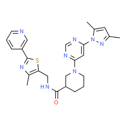 ChemSpider 2D Image | 1-[6-(3,5-Dimethyl-1H-pyrazol-1-yl)-4-pyrimidinyl]-N-{[4-methyl-2-(3-pyridinyl)-1,3-thiazol-5-yl]methyl}-3-piperidinecarboxamide | C25H28N8OS