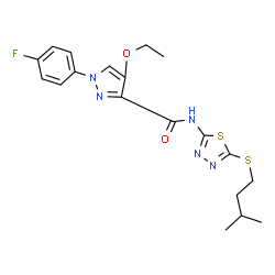ChemSpider 2D Image | 4-Ethoxy-1-(4-fluorophenyl)-N-{5-[(3-methylbutyl)sulfanyl]-1,3,4-thiadiazol-2-yl}-1H-pyrazole-3-carboxamide | C19H22FN5O2S2
