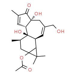 ChemSpider 2D Image | (1bS,4aR,7aS,7bR,8R)-4a,7b-Dihydroxy-3-(hydroxymethyl)-1,1,6,8-tetramethyl-5-oxo-1,1a,1b,4,4a,5,7a,7b,8,9-decahydro-9aH-cyclopropa[3,4]benzo[1,2-e]azulen-9a-yl acetate | C22H30O6