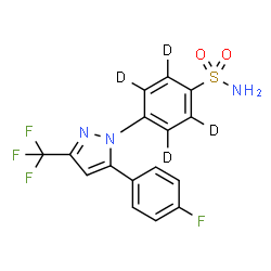 ChemSpider 2D Image | 4-[5-(4-Fluorophenyl)-3-(trifluoromethyl)-1H-pyrazol-1-yl](~2~H_4_)benzenesulfonamide | C16H7D4F4N3O2S