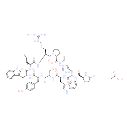 ChemSpider 2D Image | 5-Oxo-L-prolyl-L-histidyl-L-tryptophyl-L-seryl-L-tyrosyl-D-tryptophyl-L-leucyl-L-arginyl-N-ethyl-D-prolinamide acetate (1:1) | C66H87N17O14