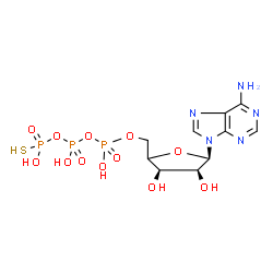 ChemSpider 2D Image | 9-[(4xi)-5-O-(Hydroxy{[hydroxy(thiophosphonooxy)phosphoryl]oxy}phosphoryl)-alpha-L-erythro-pentofuranosyl]-9H-purin-6-amine | C10H16N5O12P3S