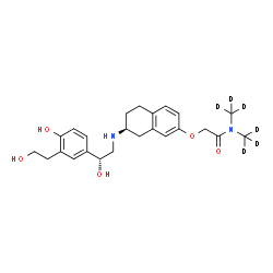 ChemSpider 2D Image | 2-{[(7S)-7-({(2R)-2-Hydroxy-2-[4-hydroxy-3-(2-hydroxyethyl)phenyl]ethyl}amino)-5,6,7,8-tetrahydro-2-naphthalenyl]oxy}-N,N-bis[(~2~H_3_)methyl]acetamide | C24H26D6N2O5