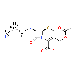 ChemSpider 2D Image | (6R,7R)-3-(Acetoxymethyl)-7-{[2-(~13~C)cyano(~13~C_2_)ethanoyl]amino}-8-oxo-5-thia-1-azabicyclo[4.2.0]oct-2-ene-2-carboxylic acid | C1013C3H13N3O6S