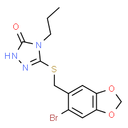 ChemSpider 2D Image | 5-{[(6-Bromo-1,3-benzodioxol-5-yl)methyl]sulfanyl}-4-propyl-2,4-dihydro-3H-1,2,4-triazol-3-one | C13H14BrN3O3S