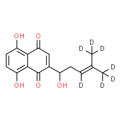 ChemSpider 2D Image | 5,8-Dihydroxy-2-[1-hydroxy-4-(~2~H_3_)methyl(3,5,5,5-~2~H_4_)-3-penten-1-yl]-1,4-naphthoquinone | C16H9D7O5