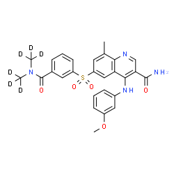 ChemSpider 2D Image | 6-[(3-{Bis[(~2~H_3_)methyl]carbamoyl}phenyl)sulfonyl]-4-[(3-methoxyphenyl)amino]-8-methyl-3-quinolinecarboxamide | C27H20D6N4O5S