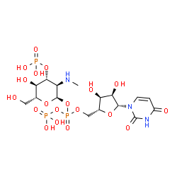ChemSpider 2D Image | [(2R,3S,4R,5R)-5-(2,4-dioxopyrimidin-1-yl)-3,4-dihydroxy-tetrahydrofuran-2-yl]methyl [(2R,3R,4R,5R,6R)-5-hydroxy-6-(hydroxymethyl)-3-(methylamino)-4-phosphonooxy-tetrahydropyran-2-yl] phosphono phosphate | C16H28N3O19P3