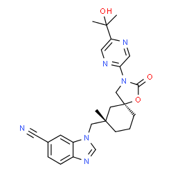 ChemSpider 2D Image | 1-({(5S,7S)-3-[5-(2-Hydroxy-2-propanyl)-2-pyrazinyl]-7-methyl-2-oxo-1-oxa-3-azaspiro[4.5]dec-7-yl}methyl)-1H-benzimidazole-6-carbonitrile | C25H28N6O3
