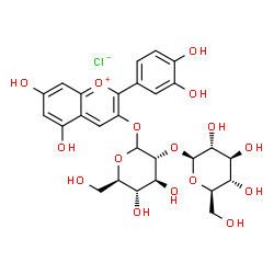 ChemSpider 2D Image | 2-(3,4-Dihydroxyphenyl)-5,7-dihydroxy-3-chromeniumyl 2-O-beta-D-glucopyranosyl-D-glucopyranoside chloride | C27H31ClO16