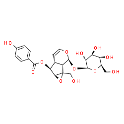 ChemSpider 2D Image | (1bS,2S,5aR,6S,6aS)-2-(beta-D-Glucopyranosyloxy)-1a-(hydroxymethyl)-1a,1b,2,5a,6,6a-hexahydrooxireno[4,5]cyclopenta[1,2-c]pyran-6-yl 4-hydroxybenzoate | C22H26O12