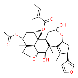 ChemSpider 2D Image | (2R,3aS,5R,6aR,6bR,7S,9R,11aR,11bR,12S)-9-Acetoxy-2-(3-furyl)-5,12-dihydroxy-1,6b,9a,12a-tetramethyl-3,3a,6,6a,6b,7,8,9,9a,10,11a,11b,12,12a-tetradecahydro-2H,5H-cyclopenta[b]furo[2',3',4':4,5]naphtho
[2,1-d]oxepin-7-yl (2E)-2-methyl-2-butenoate | C33H44O9