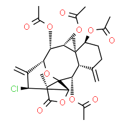 ChemSpider 2D Image | (2S,3S,7S,8R,9R,10S,11R,13S,14R,17R)-13-Chloro-8,17-dimethyl-4,12-bis(methylene)-16-oxo-15,18-dioxatetracyclo[9.6.1.0~1,14~.0~3,8~]octadecane-2,7,9,10-tetrayl tetraacetate | C28H35ClO11