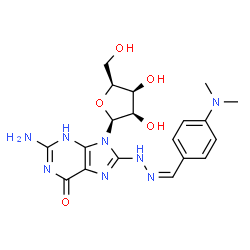 ChemSpider 2D Image | 2-Amino-8-{(2Z)-2-[4-(dimethylamino)benzylidene]hydrazino}-9-(beta-L-lyxofuranosyl)-3,9-dihydro-6H-purin-6-one | C19H24N8O5