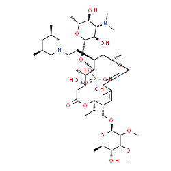 ChemSpider 2D Image | [(2R,3R,11R,12S,13S,14R)-12-{[3,6-Dideoxy-3-(dimethylamino)-beta-D-glucopyranosyl]oxy}-11-{2-[(3R,5S)-3,5-dimethyl-1-piperidinyl]ethyl}-2-ethyl-14-hydroxy-5,9,13-trimethyl-8,16-dioxooxacyclohexadeca-4
,6-dien-3-yl]methyl 6-deoxy-2,3-di-O-methyl-beta-D-allopyranoside phosphate (1:1) | C46H83N2O17P