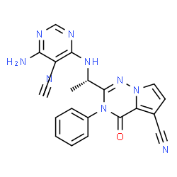ChemSpider 2D Image | 2-{(1S)-1-[(6-Amino-5-cyano-4-pyrimidinyl)amino]ethyl}-4-oxo-3-phenyl-3,4-dihydropyrrolo[2,1-f][1,2,4]triazine-5-carbonitrile | C20H15N9O