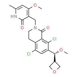 ChemSpider 2D Image | 5,8-Dichloro-2-[(4-methoxy-6-methyl-2-oxo-1,2-dihydro-3-pyridinyl)methyl]-7-[methoxy(3-oxetanyl)methyl]-3,4-dihydro-1(2H)-isoquinolinone | C22H24Cl2N2O5